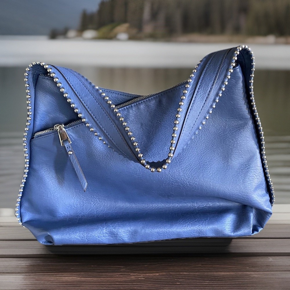 Womens INC International Concepts Hobo Shoulder Purse Cadet Blue Silver Rivet